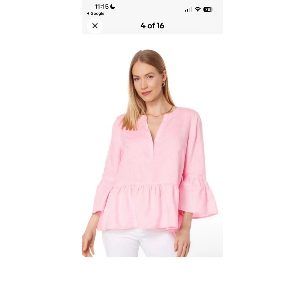 Lilly Pulitzer 3/4 Sleeve Bekah Linen Top Women Size XLarge Peasant Peplum Shirt - Picture 4 of 9